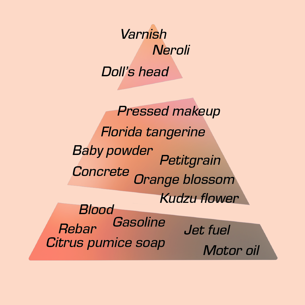 A fragrance pyramid featuring the top, middle, and base notes of Medea EdP by Chronotope Perfume: orange blossom, motor oil, doll’s head, Florida tangerine.