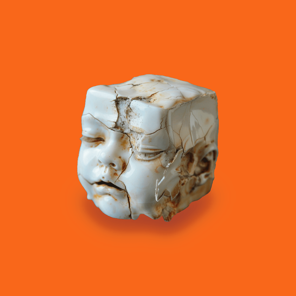 As a visual representation of the scent of Chronotope Perfume’s Medea Eau de Parfum, a cube of white porcelain in the shape of a doll’s head with eyes closed and a slack jaw—the expression is still, and the porcelain is aged, fractured, and leaking a tarry-colored orange substance, evoking innocence, loss, traumatic injury, and the human costs of war.