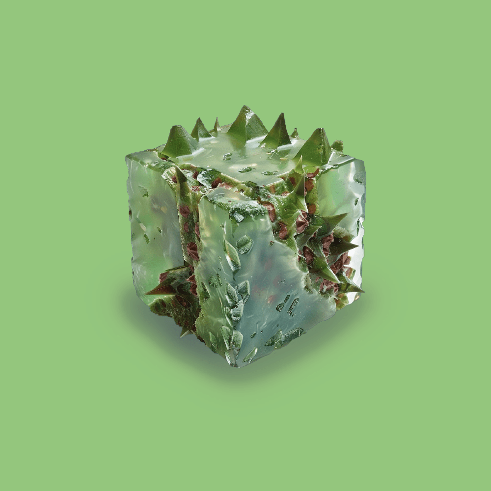 A spiky green resin cube form encrusted with amethysts, plant shards and spiny growths suggests adaptation, self-protection, self-reliance, resilience, and defiance—and provides an apt visual representation of the spiced, galbanum-heavy green scent of Spite EdP, a perfume by Chronotope..