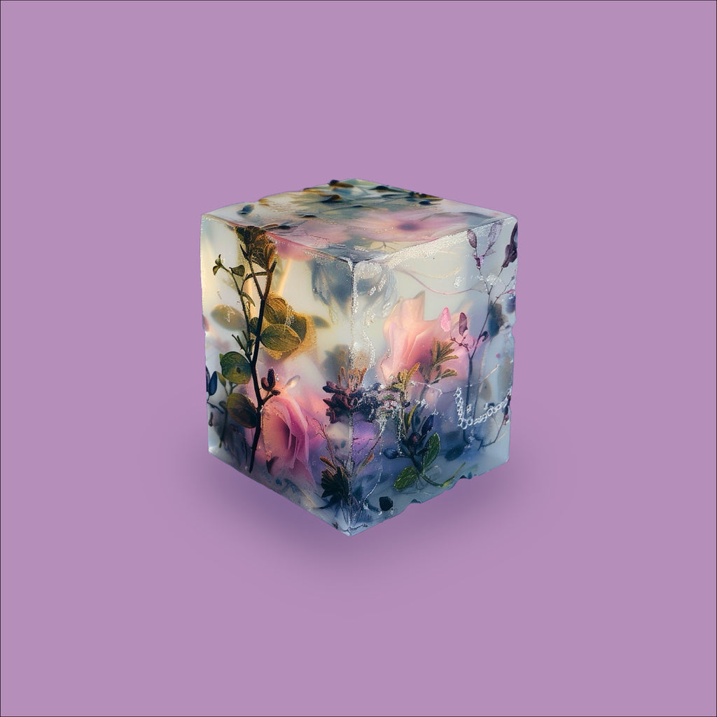 3D scent sculpture for Chronotope Perfume’s Spite Eau de Toilette: a translucent block of ice encases violet and rose petals suspended in light, giving the impression of frozen emotion while equally threatening to melt. Set against a Melancholic Mauve background, the sculpture conveys Spite’s quiet bitter restraint and fragility.