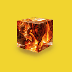 A fragmented resin cube form glows with amber and obsidian tones, symbolizing healing through rupture—a visual metaphor for the scent of Chronotope’s Buen Camino Eau de Parfum.