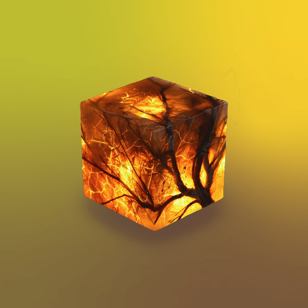 As a visualization of Chronotope Perfume’s Buen Camino Extrait de Parfum, an amber-hued sculptural cube form contains an interior, glowing heart of light at its core, revealing dark, resinous branches throughout the cube that resemble arteries and suggest heat, incense, and sacred ritual.