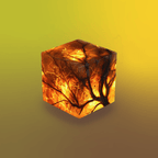 As a visualization of Chronotope Perfume’s Buen Camino Extrait de Parfum, an amber-hued sculptural cube form contains an interior, glowing heart of light at its core, revealing dark, resinous branches throughout the cube that resemble arteries and suggest heat, incense, and sacred ritual.