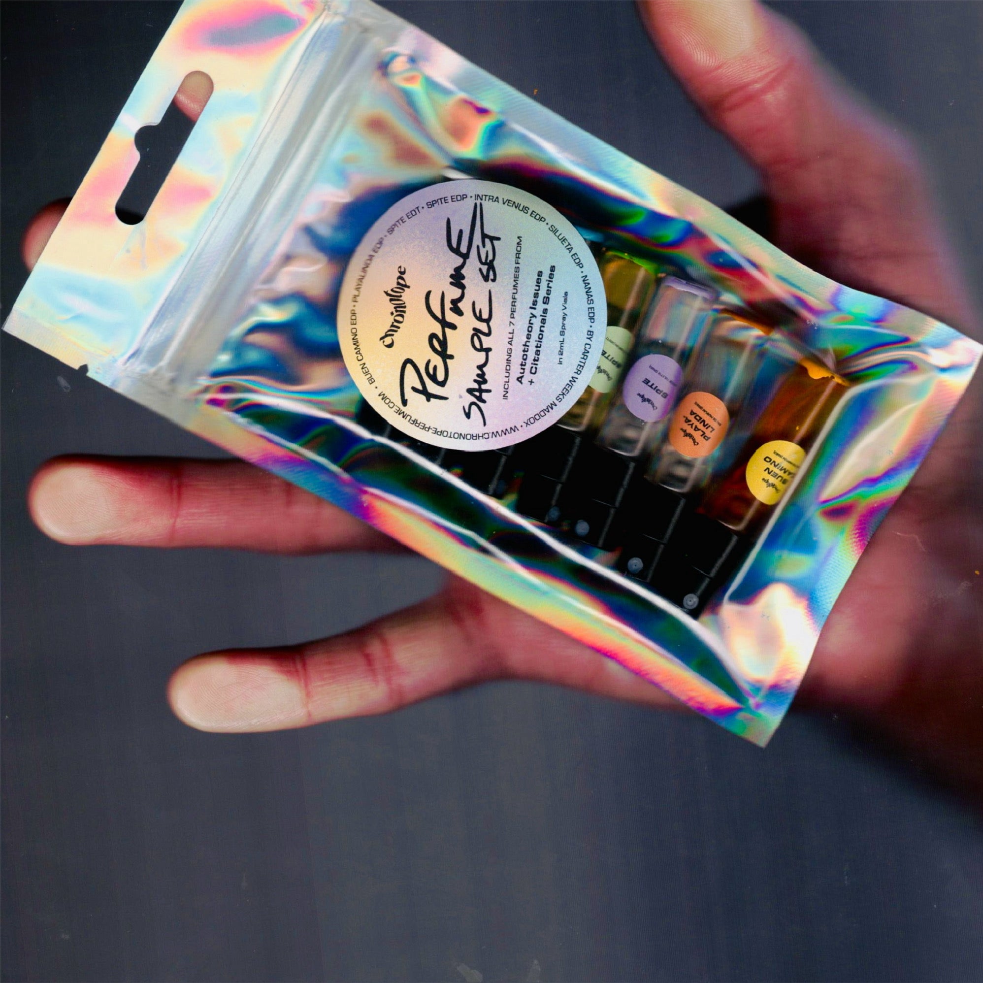 Chronotope Perfume Core Collection Sample Set of seven avant-garde, contemporary artisan fragrances displayed in holographic packaging.