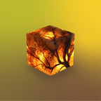 3D scent sculpture for Chronotope Perfume’s Buen Camino Extrait de Parfum, set against a background of Amberlit Gold. The cube appears translucent and richly veined in orange and brown tones, glowing with an intense, warm light from within.