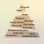 A scent pyramid showcasing the notes to Buen Camino Extrait by Chronotope: neroli, holy incense, vanilla bean, hyrax, sandalwood, Cambodian oudh.