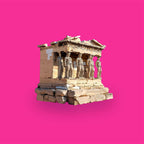 3D scent sculpture for Chronotope Perfume’s Caryatis Eau de Parfum, set against a background of Caryatid Pink. A miniature stone structure resembling the Erechtheion’s Porch of the Caryatids, its columns are carved female figures holding the roof atop their heads—a study in balance, burden, grace and stability. 