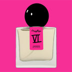 Digital rendering of Chronotope Perfume’s Caryatis Eau de Parfum 30 mL bottle from the brand’s Neon Series, with a fluorescent pink — or Caryatid Pink — label hand-marked by the perfumer with the Roman numeral VI to signify each bottle as a unique work of art, containing translucent champagne-colored perfume, and set against a matching Caryatid Pink background.