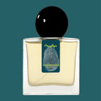 Digital rendering of Chronotope Perfume’s Cucurrucucú Eau de Parfum bottle with a white label stamped with the perfumer’s thumbprint in Foolhardy Hunter, containing pale brown-green perfume, and set against a matching Foolhardy Hunter background.