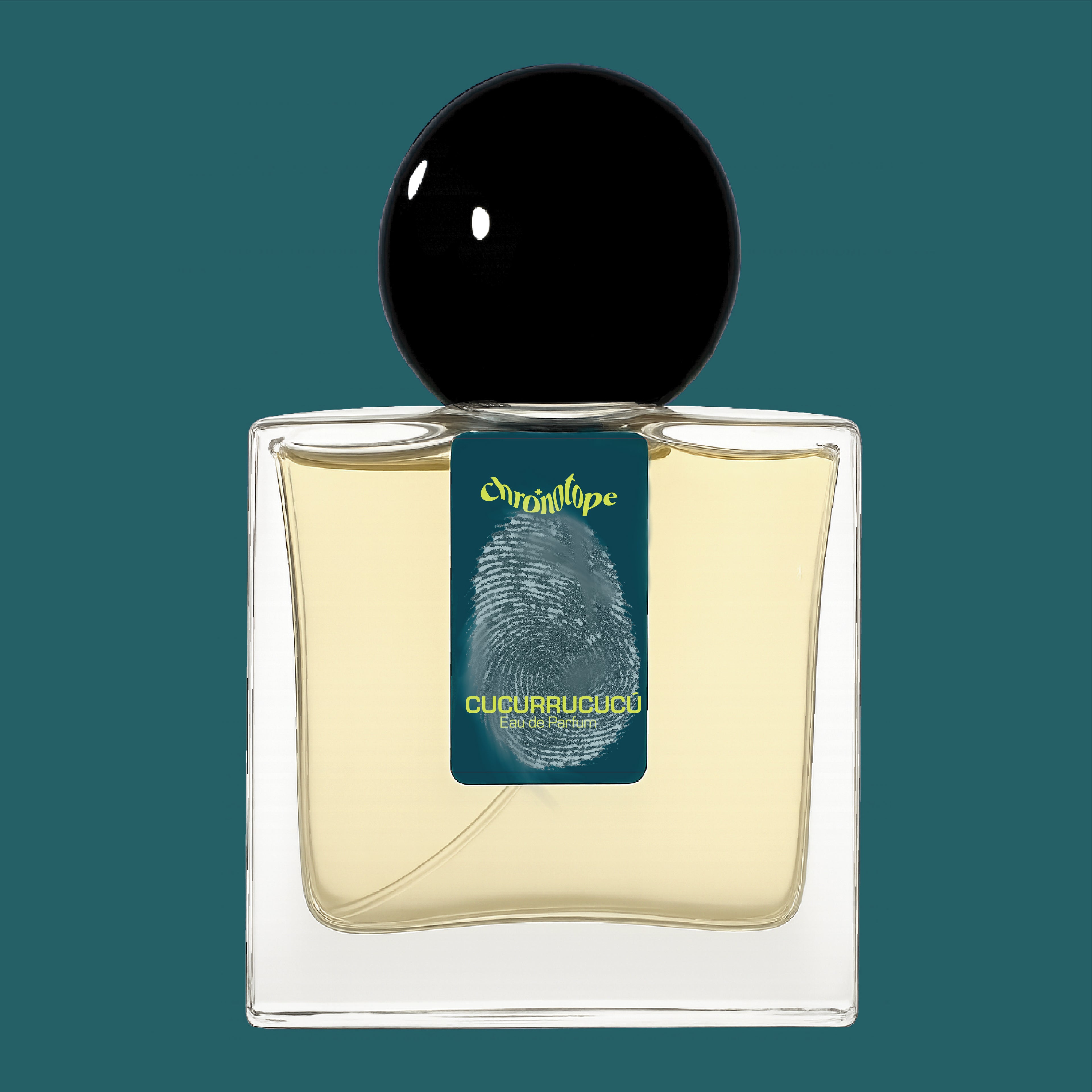 Digital rendering of Chronotope Perfume’s Cucurrucucú Eau de Parfum bottle with a white label stamped with the perfumer’s thumbprint in Foolhardy Hunter, containing pale brown-green perfume, and set against a matching Foolhardy Hunter background.