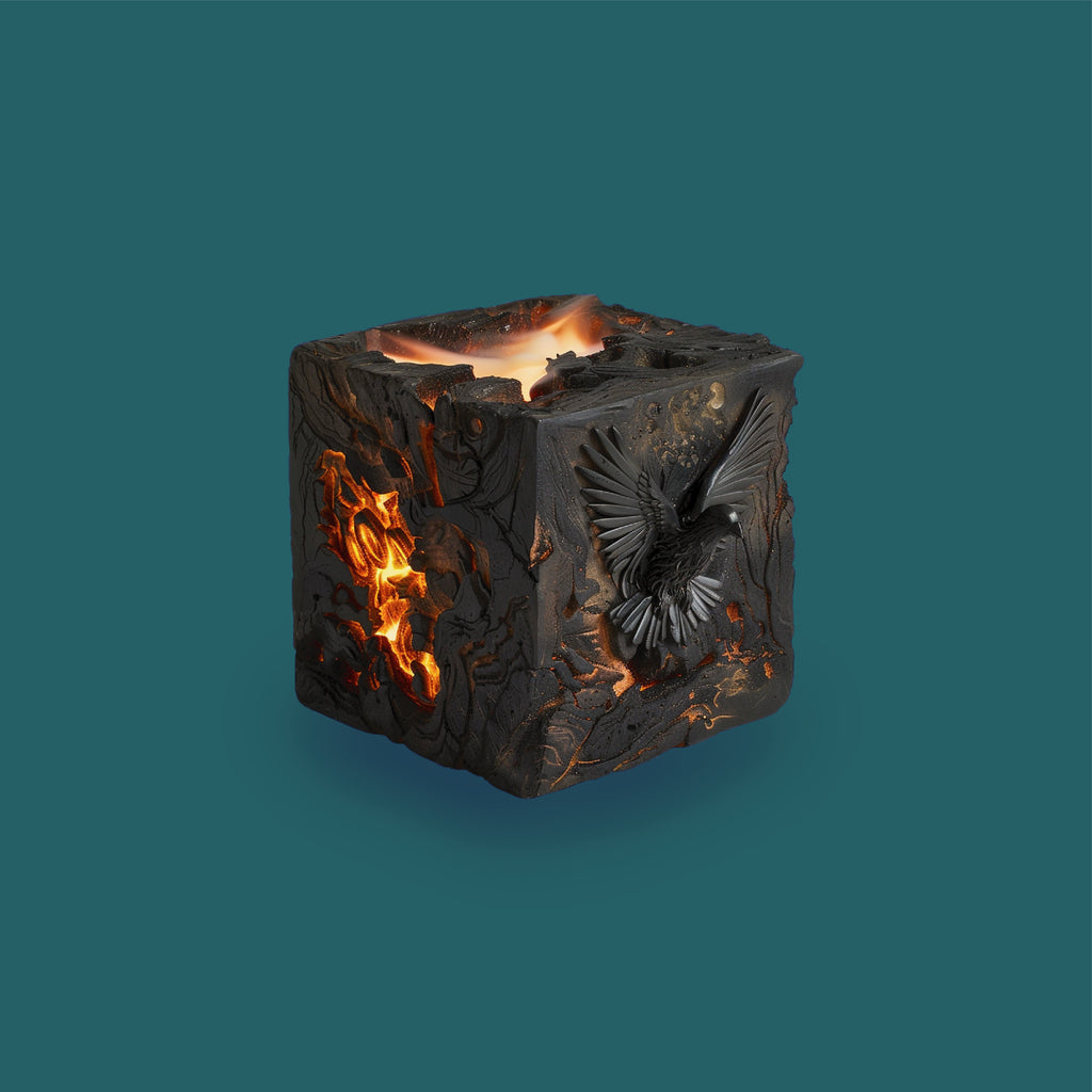 3D scent sculpture for Chronotope Perfume’s Cucurrucucú Eau de Parfum, showing a carved wooden incense burner glowing with orange light and decorated with a bird in flight, set against a background of Foolhardy Hunter.