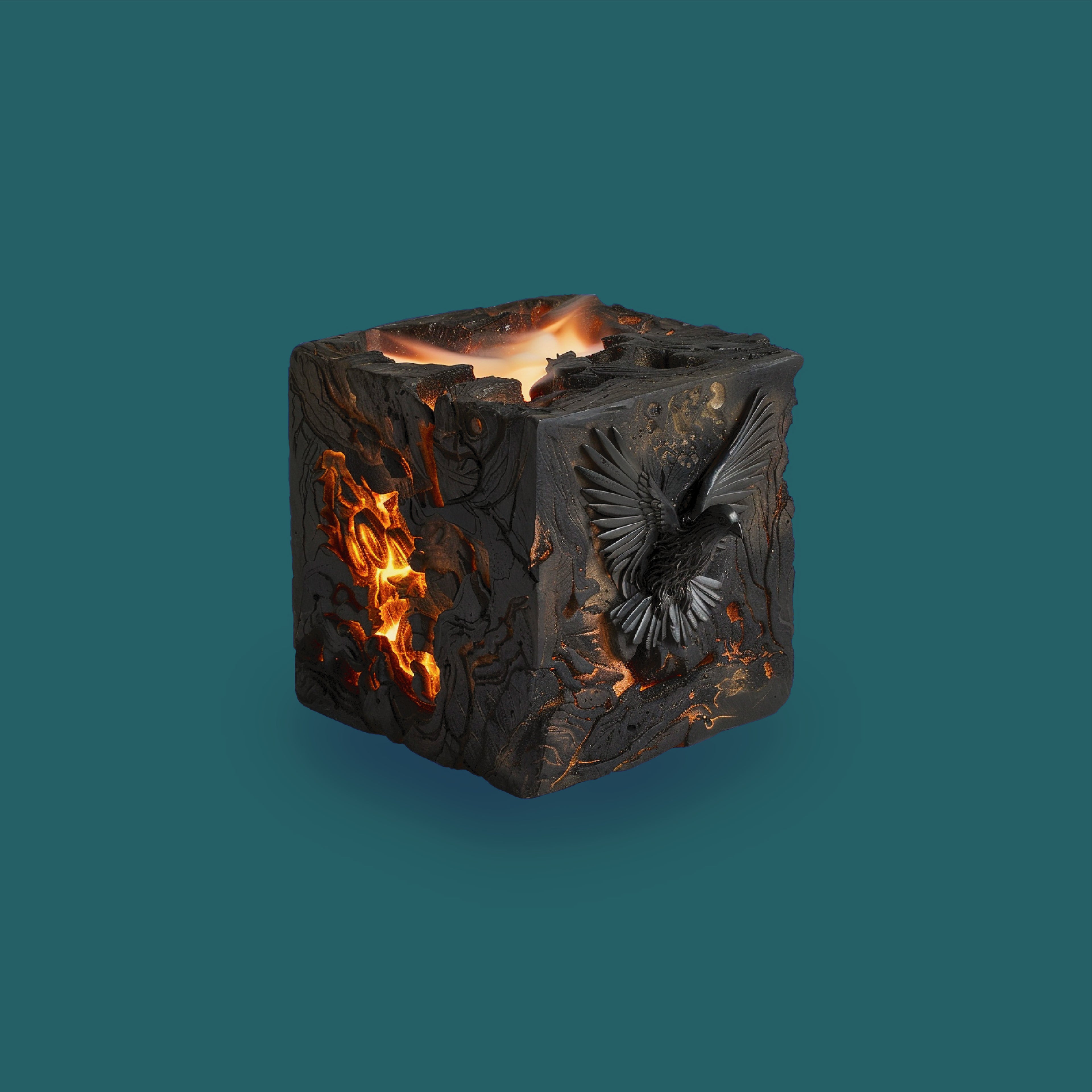 3D scent sculpture for Chronotope Perfume’s Cucurrucucú Eau de Parfum, showing a carved wooden incense burner glowing with orange light and decorated with a bird in flight, set against a background of Foolhardy Hunter.