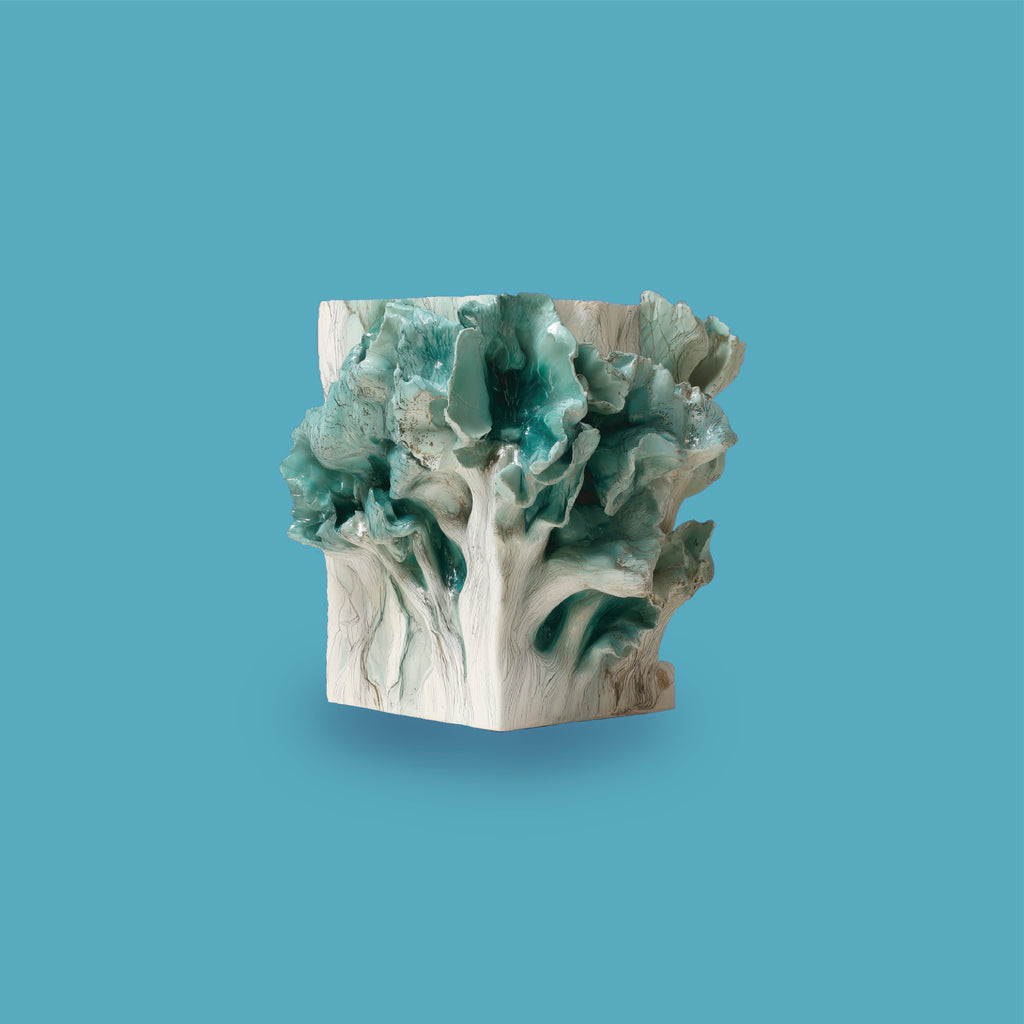 3D scent sculpture against a Hospital Blue background, for Chronotope Perfume’s Intra Venus Eau de Parfum. Made of white marble veined with silver to evoke bone and flesh, the form is pierced in places and bursts open in others, exposing glimpses into its interior: this is the body as both ruin and relic.