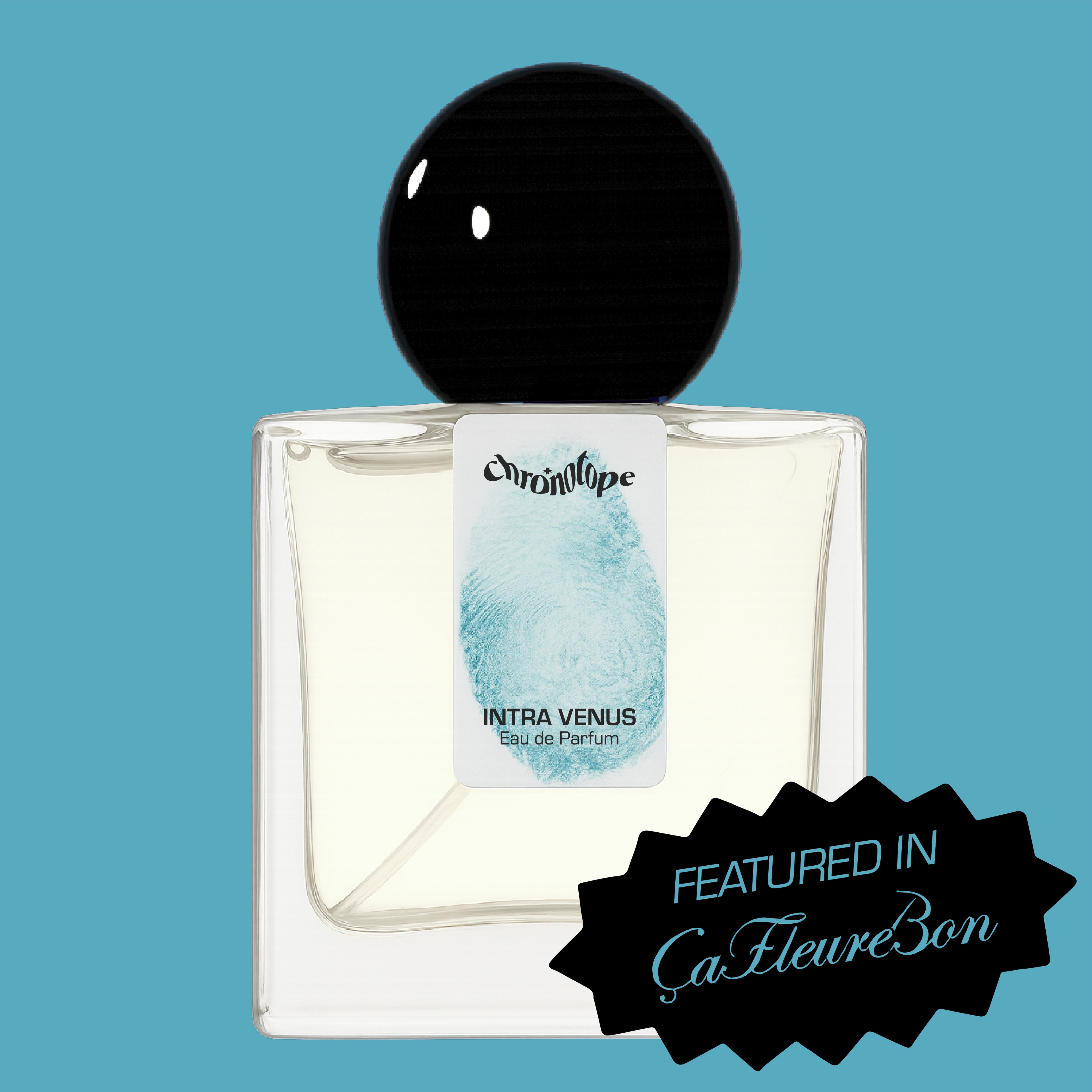 Digital rendering of Chronotope Perfume’s Intra Venus Eau de Parfum bottle with a white label stamped with the perfumer’s thumbprint in Hospital Blue, containing pale blue perfume, and set against a matching Hospital Blue background with a badge noting press coverage in ÇaFleureBon.