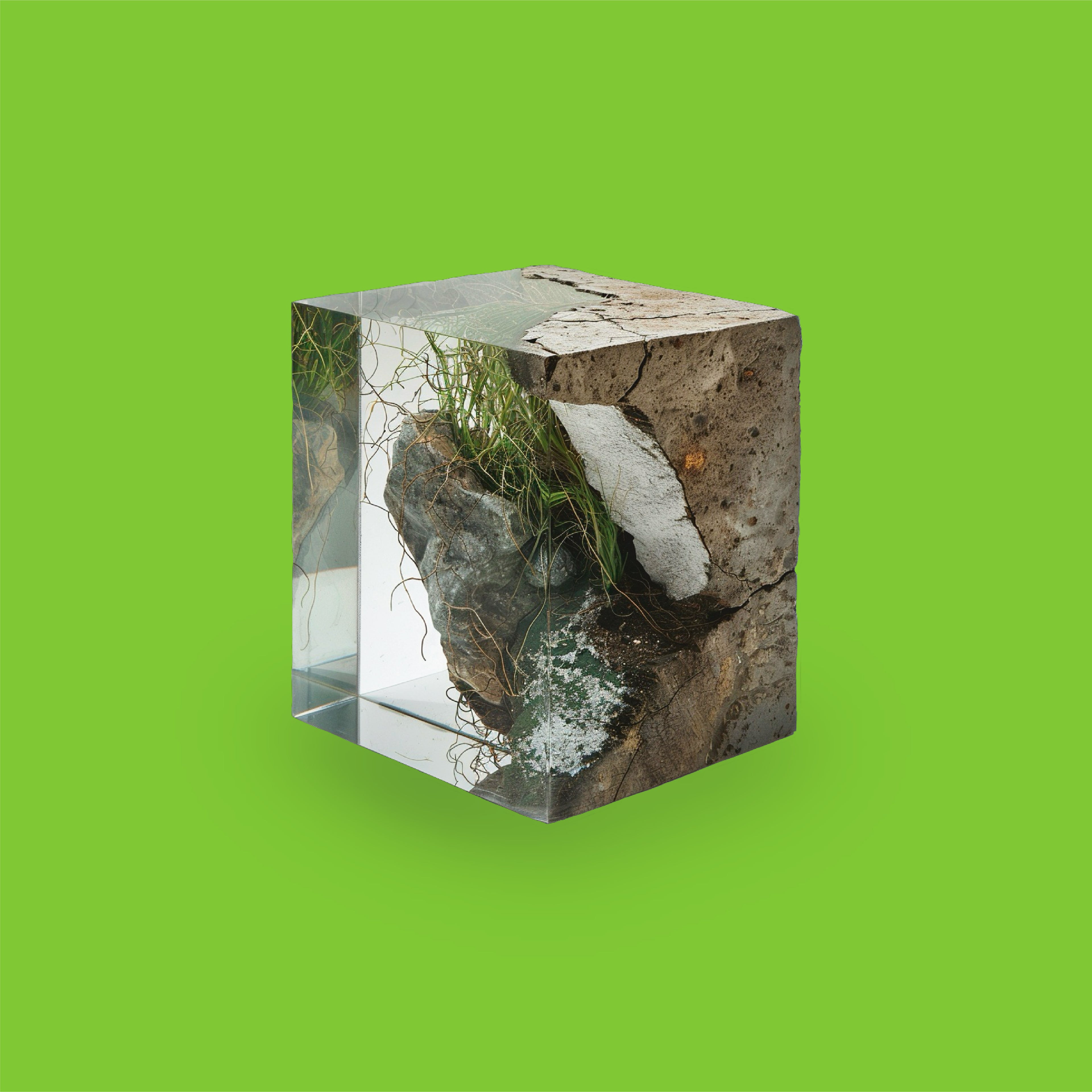 3D scent sculpture for Chronotope Perfume’s Janus Eau de Parfum, set against a background of Kaleidoscopic Green. The transparent cube contains fragments of concrete, moss, grass, and water, with a mirrored surface inside that both reflects and conceals its interior, offering no single, complete view.