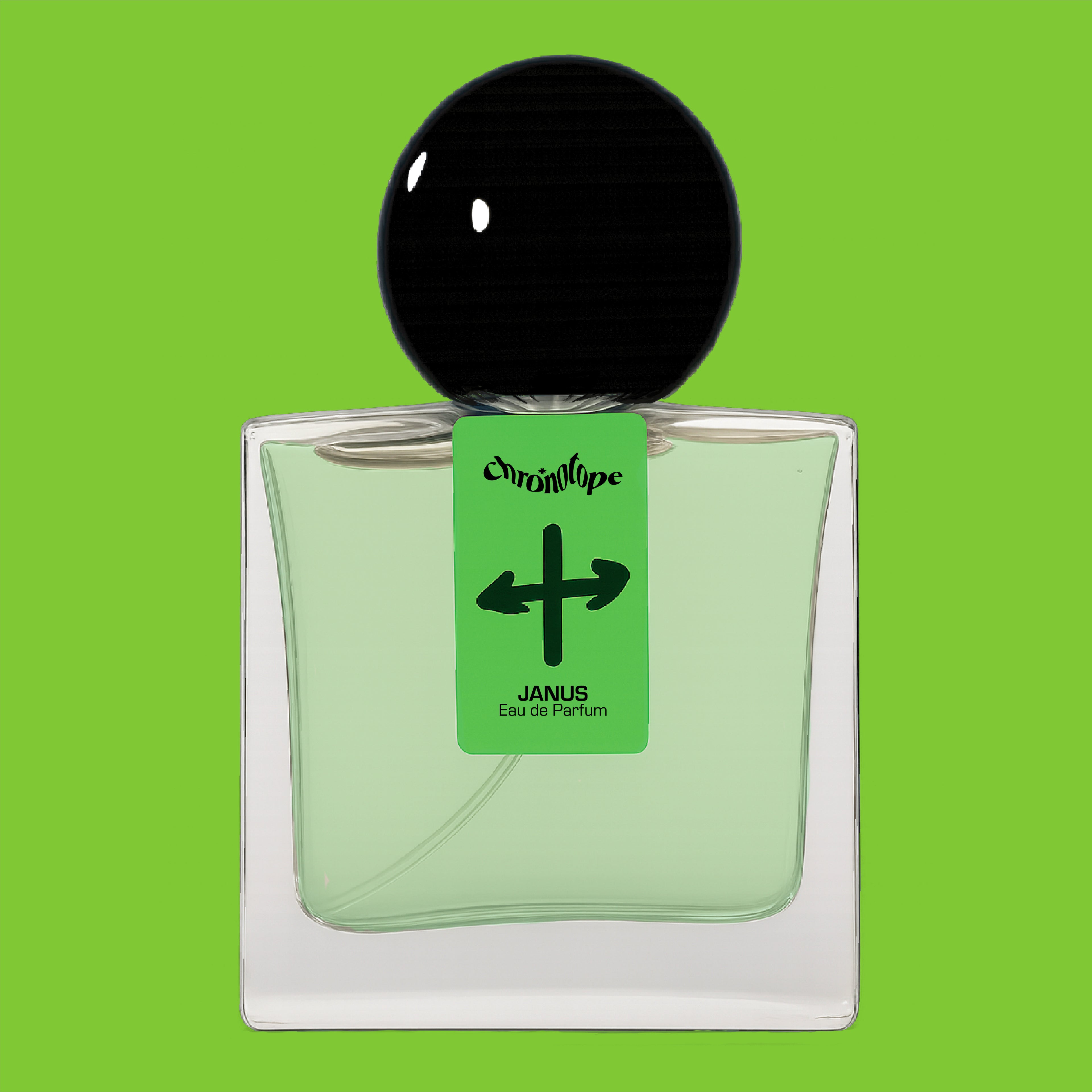 Digital rendering of Chronotope Perfume’s Janus Eau de Parfum 30 mL bottle from the brand’s Neon Series. The bottle features a vibrant fluorescent green — or Kaleidoscopic Green — label hand-marked by the perfumer with a black mirrored-cross symbol representing the dual nature of the fragrance and the deity for which it is named. It contains pale green perfume and is set against a matching Kaleidoscopic Green background.