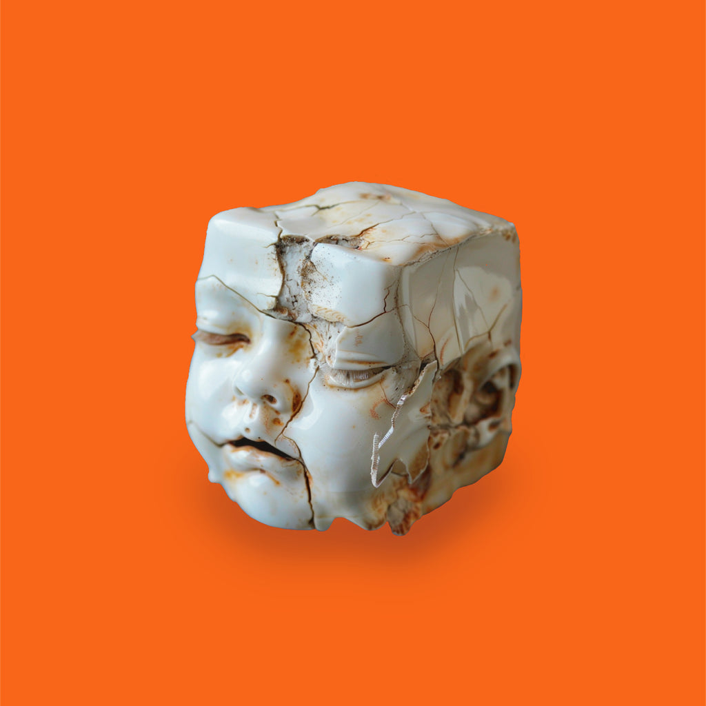 3D scent sculpture for Chronotope Perfume’s Me/dea Eau de Parfum, set against a background of Safety Orange. A porcelain cube molded into the face of a sleeping child, with fine cracks, discoloration, and signs of decay across its surface—an unsettling contrast between innocence and destruction.