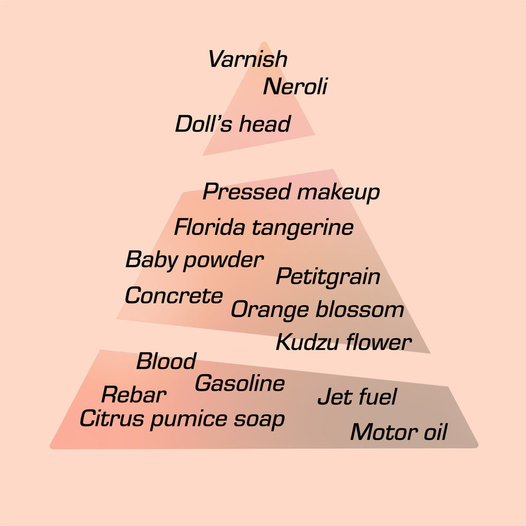A fragrance pyramid featuring the top, middle, and base notes of Medea EdP by Chronotope Perfume: orange blossom, motor oil, doll’s head, Florida tangerine.