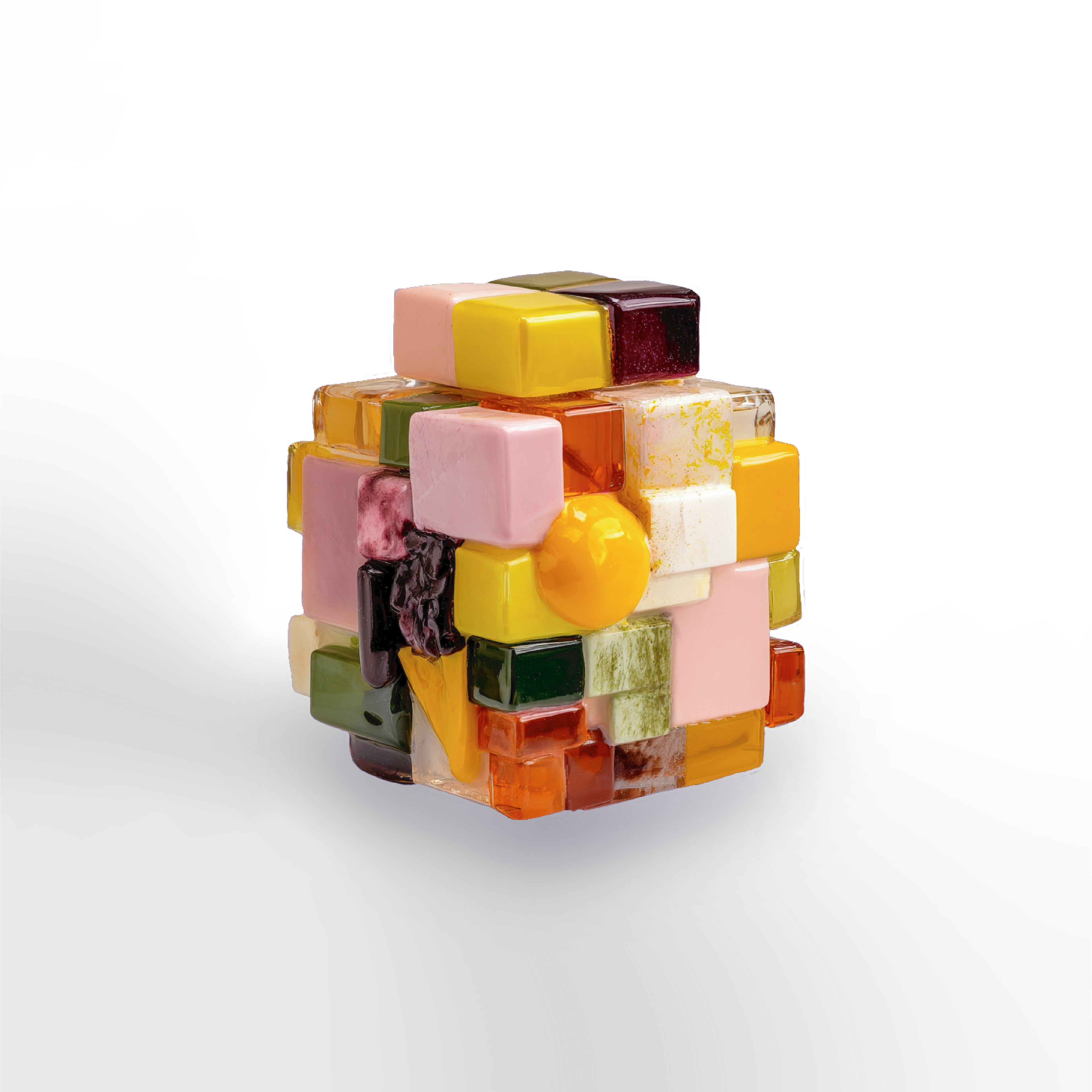 3D scent sculpture for Chronotope Perfume’s Nanas Eau de Parfum, set against a background of Banana White. Constructed from glossy, clear, translucent, and opaque modular blocks and blobs in pastel and saturated pinks, yellows, greens, and oranges, the sculpture evokes an undefinable sense of feminine excess, variability, and possibility—playful, joyous, and alive.