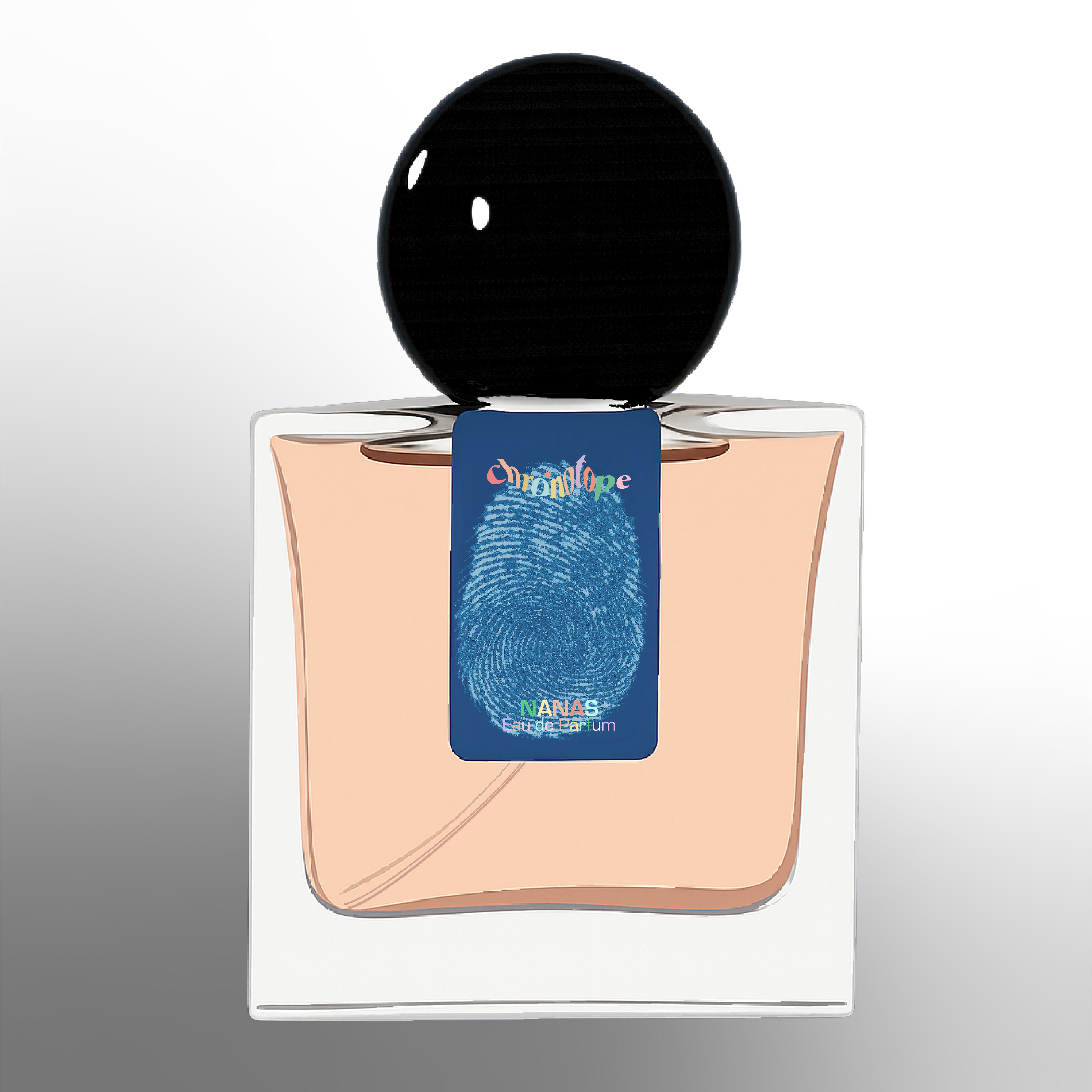 Digital rendering of Chronotope Perfume’s Nanas Eau de Parfum bottle with a deep blue label stamped with the perfumer’s thumbprint in Banana White, containing pale rose-colored perfume, and set against a matching Banana White background.