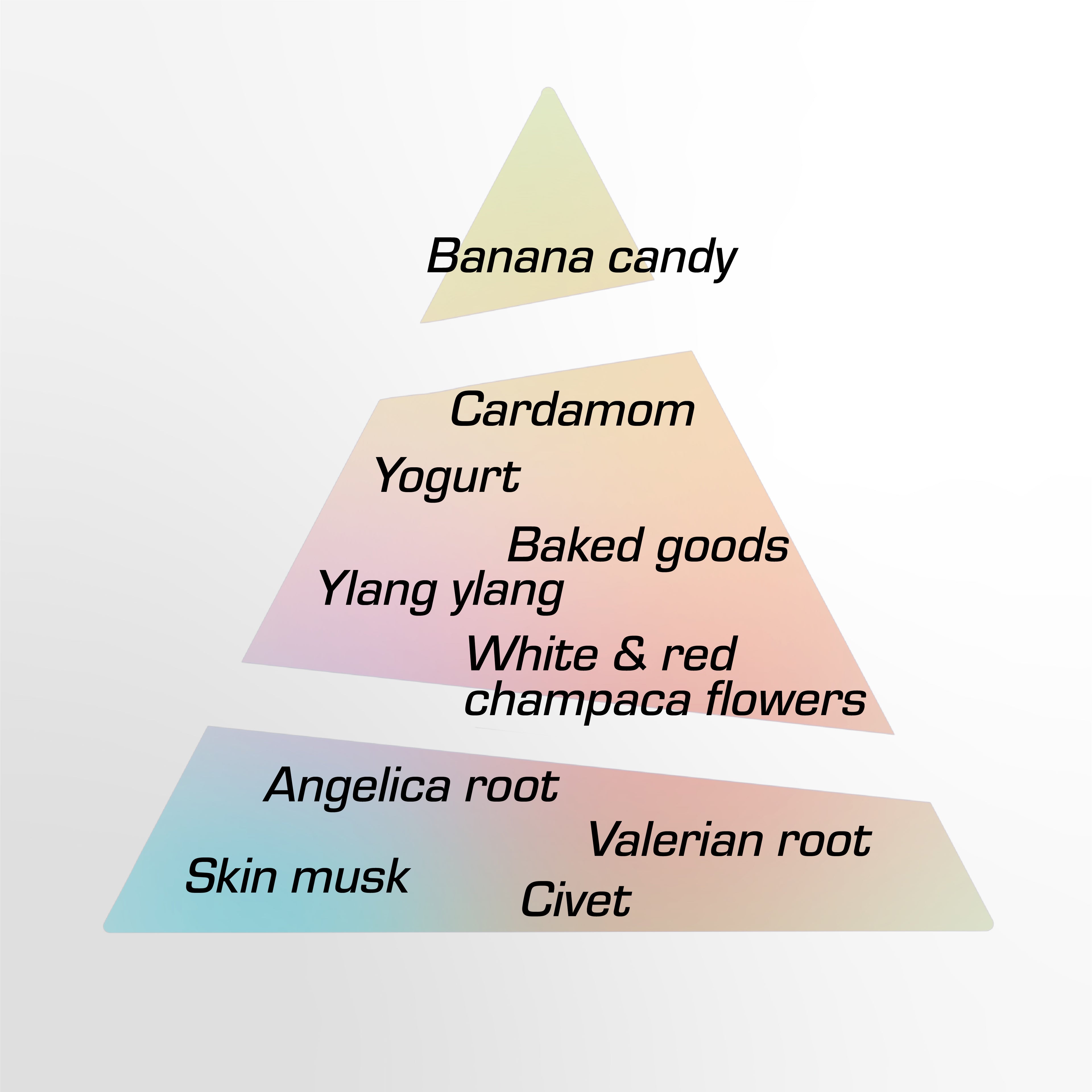 A visual pyramid arrangement of the scent notes from Nanas Eau de Parfum by Chronotope: banana candy, shiso, champaca flowers, musk.