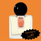 Digital rendering of Chronotope Perfume’s Playalinda Eau de Parfum bottle with a white label stamped with the perfumer’s thumbprint in Peachskin Orange, containing soft peach-toned perfume, and set against a matching Peachskin Orange background with a badge noting press coverage in Colognoisseur.