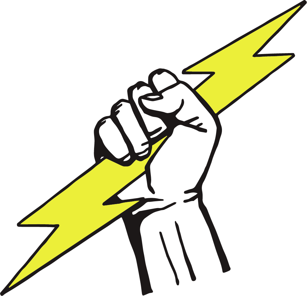 An graphic icon depicting a hand holding a lightning bolt to represent the concept of “handmade” for use by Chronotope perfume’s online store