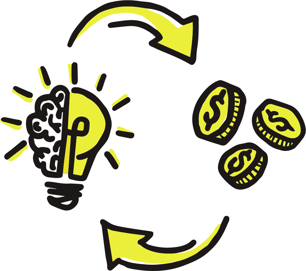 A graphic icon depicting an idea via a lightbulb that has had half of its upper portion replaced with a brain. An arrow begins at the bulb/brain and points to three coins, and another arrow points from the coins back to the bulb/brain, creating a complete loop. This icon intends to represent the concept of “independence” as it’s explained within Chronotope perfume’s online storefront.