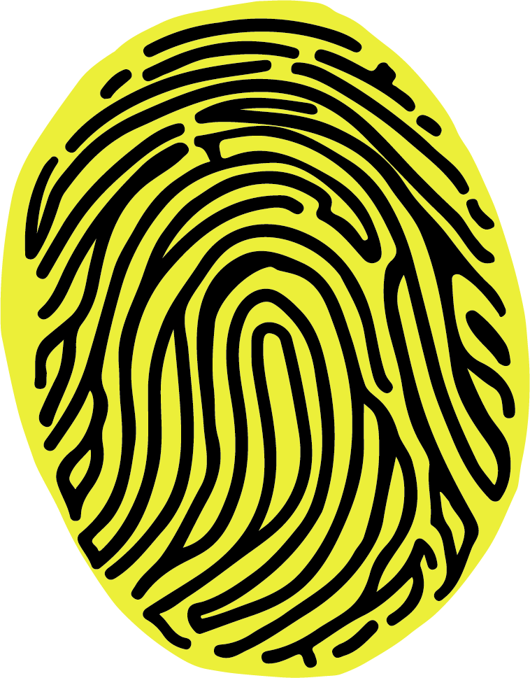 An graphic icon depicting the ridges of a thumbprint in black against a bright yellow background to represent the concept of “unique” for use in Chronotope perfume’s online store