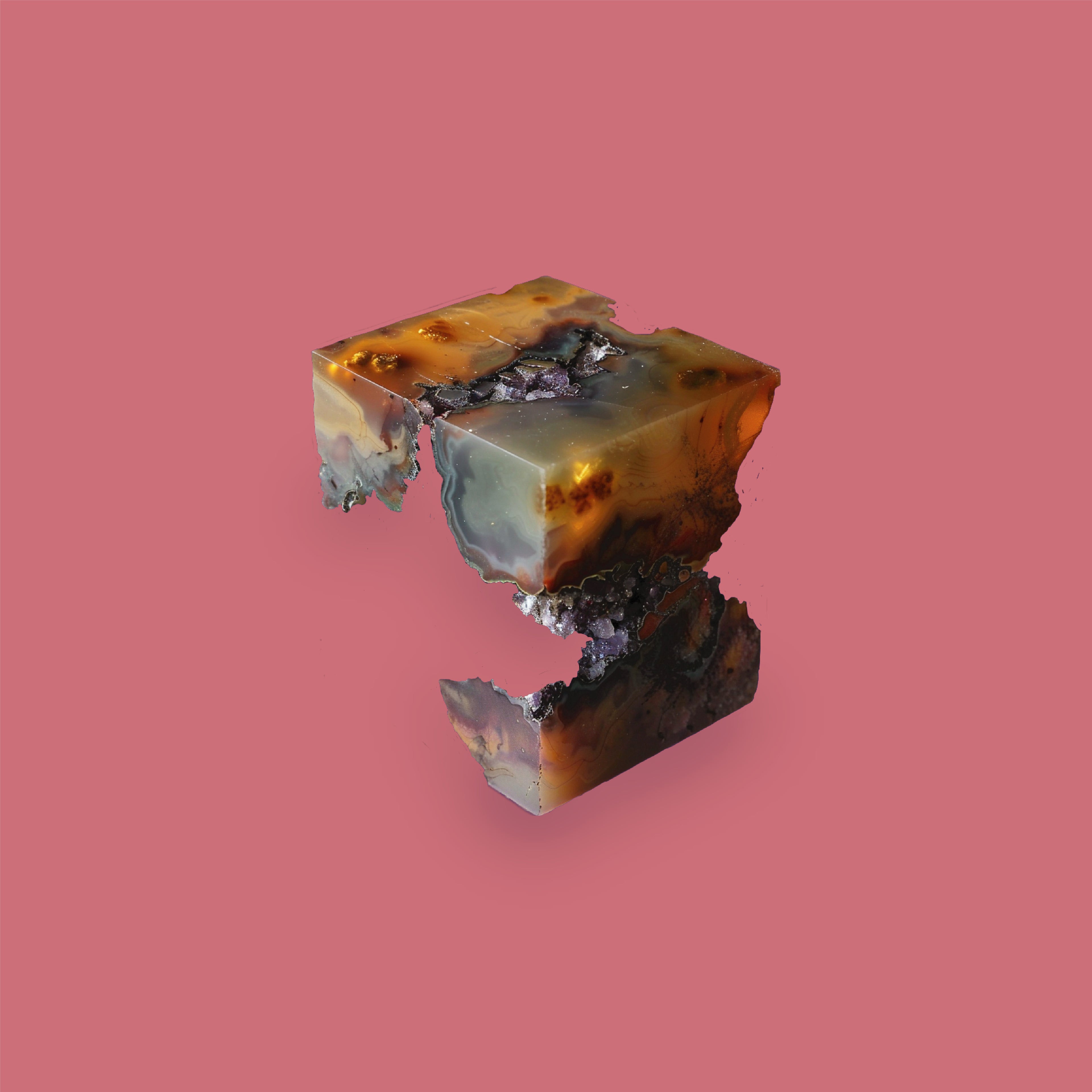3D scent sculpture for Chronotope Perfume’s Silueta Eau de Parfum, set against a background of Exile Red. Once a dark mineral block threaded with gold and amethyst, the form now appears eroded, its center dissolved and hollowed out—a visual expression of absence, exile, entropy, and the loss of cultural Identity.