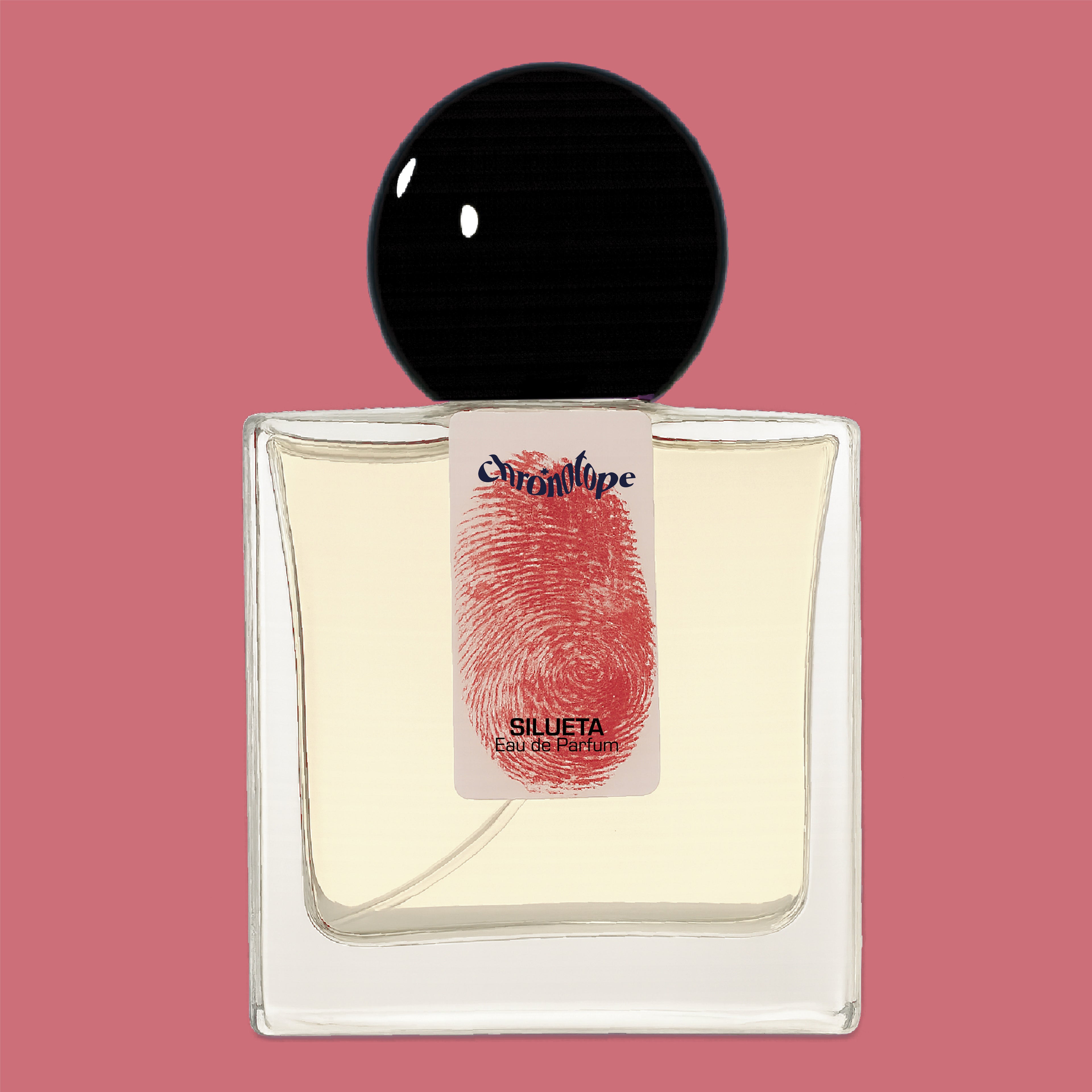 Digital rendering of Chronotope Perfume’s Silueta Eau de Parfum bottle with a white label stamped with the perfumer’s thumbprint in Exile Red, containing pale yellow rose-tinted perfume, and set against a matching Exile Red background.