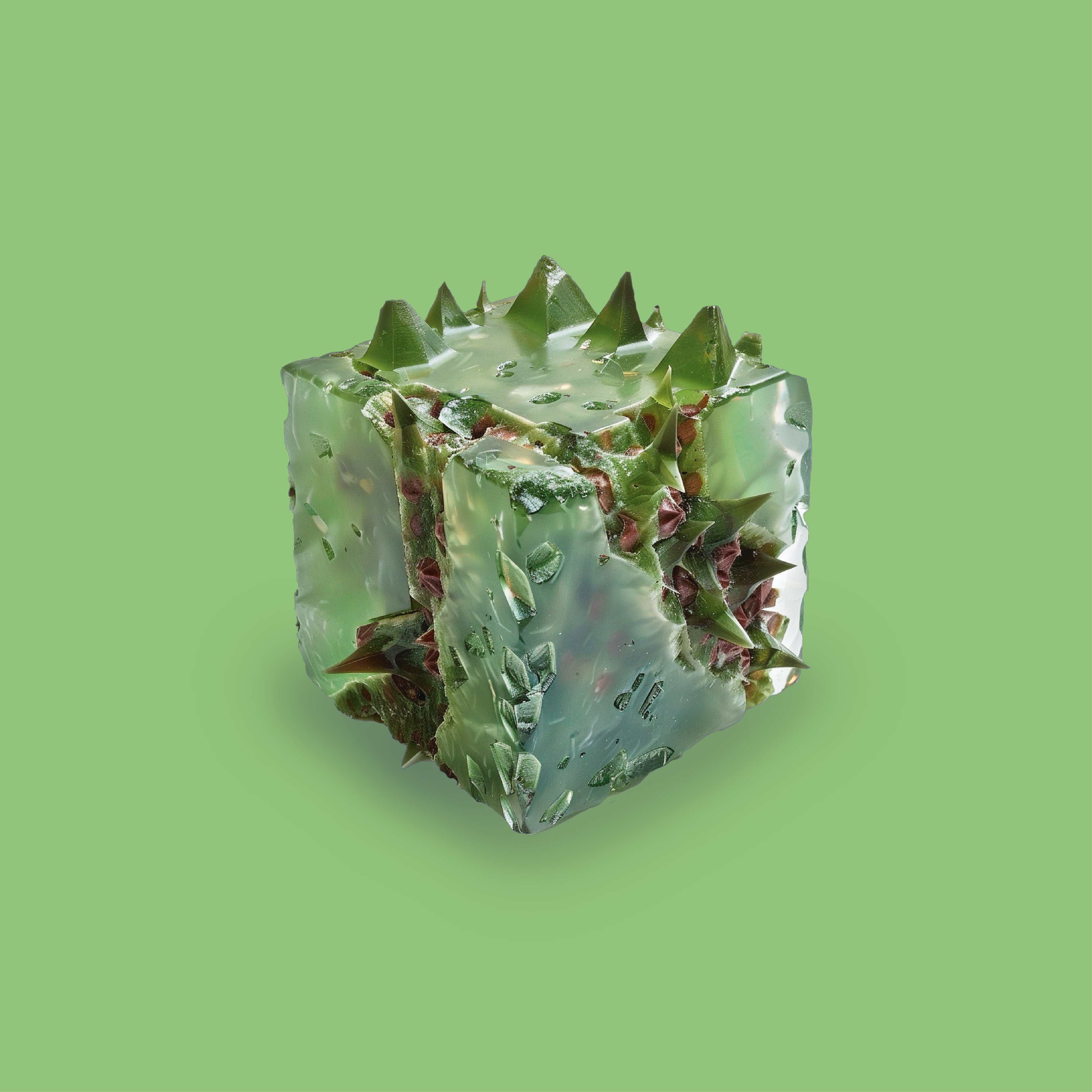 3D scent sculpture for Chronotope Perfume’s Spite Eau de Parfum. The structure appears alive, overgrown with sharp green leaves and threatening, thorned growths. Set against a Sprouted Green background, it expresses the perfume’s fierce, galbanum-and-rose-thorn intensity and rage.