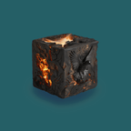 As a visual representation of the scent of Cucurrucucu EdP by Chronotope Perfume, a charred black wood cube form with a carved dove in flight and molten lava-like striations that reveal a glowing heart of burning, smoky copal negro incense, suggesting ceremony, freedom, warm hearts, and sacred friendships.