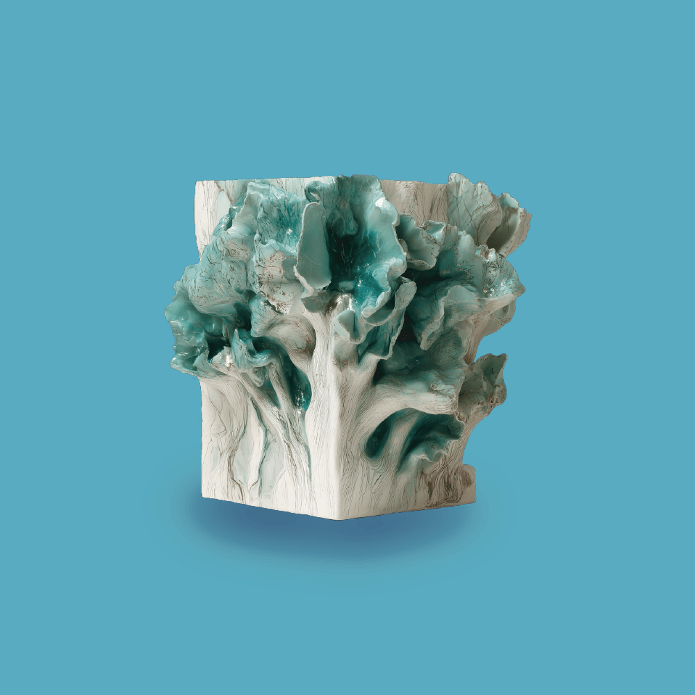 The surfaces of a solid white and teal sculpted cube, pulsing with silver veins, are ruptured by vaguely floral, yet hollow growths that emerge from the center of the cube structure, the visual suggests a disturbance of health, a balance between erasure and emergence, and provides an image that represents the hyacinth-heavy scent of Chronotope Perfume’s Intra Venus EdP.