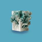 The surfaces of a solid white and teal sculpted cube, pulsing with silver veins, are ruptured by vaguely floral, yet hollow growths that emerge from the center of the cube structure, the visual suggests a disturbance of health, a balance between erasure and emergence, and provides an image that represents the hyacinth-heavy scent of Chronotope Perfume’s Intra Venus EdP.