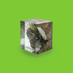 To provide a visual representation of Chronotope’s Janus EdP, a transparent cube of half-stone, half-clear epoxy encasing fragments of urban rock, grass, roots, and moss, highlighting material duality of ruin and growth, enclosure and exposure, nature and civilization, light and dark, wet and dry, and on.