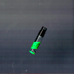 A 2mL spray sample vial of Janus EdP by Chronotope Perfume is depicted floating against a gradient grey void full of tiny multicolored scan lines and other digital imagery defects.