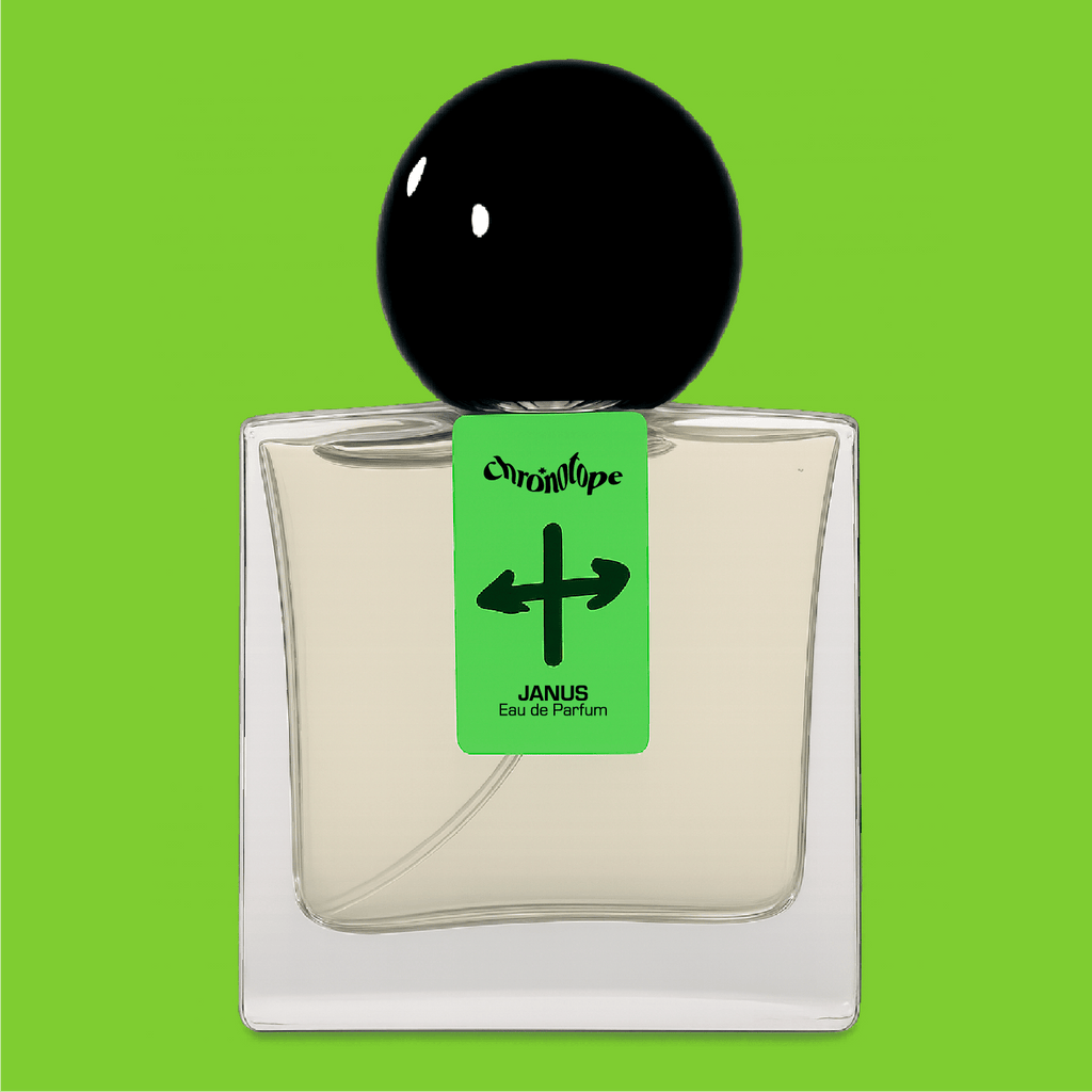 Bottle of Handmade Artisan Perfume Janus EdP by Chronotope—ruh khus beautiful green vetiver fragrance