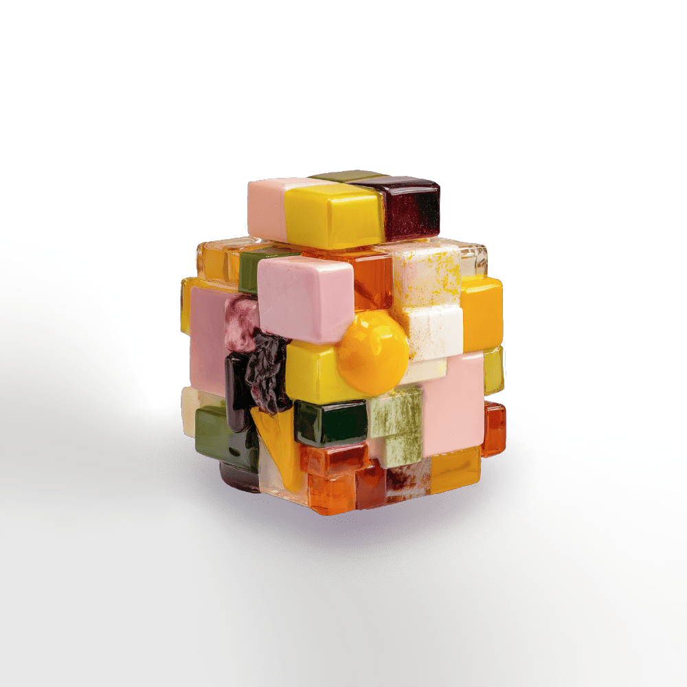 To serve as a visual representation of the scent of Nanas EdP by Chronotope Perfume, a colorful, blocky cube-like form made of stacks of candy-like segments of blocks with rounded corners and spheres, in shades of soft pink, yellows, oranges, and greens—playful and joyful, even youthful, but somehow remaining decidedly mature.