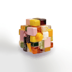 To serve as a visual representation of the scent of Nanas EdP by Chronotope Perfume, a colorful, blocky cube-like form made of stacks of candy-like segments of blocks with rounded corners and spheres, in shades of soft pink, yellows, oranges, and greens—playful and joyful, even youthful, but somehow remaining decidedly mature.