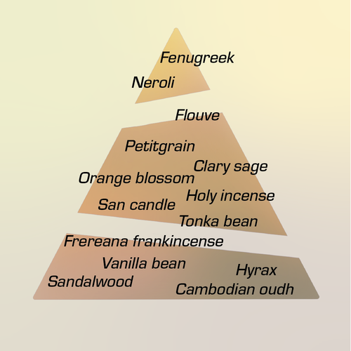 A brightly colored pyramid illustration labeled with scent notes for Chronotope Perfume’s Buen Camino Extrait 