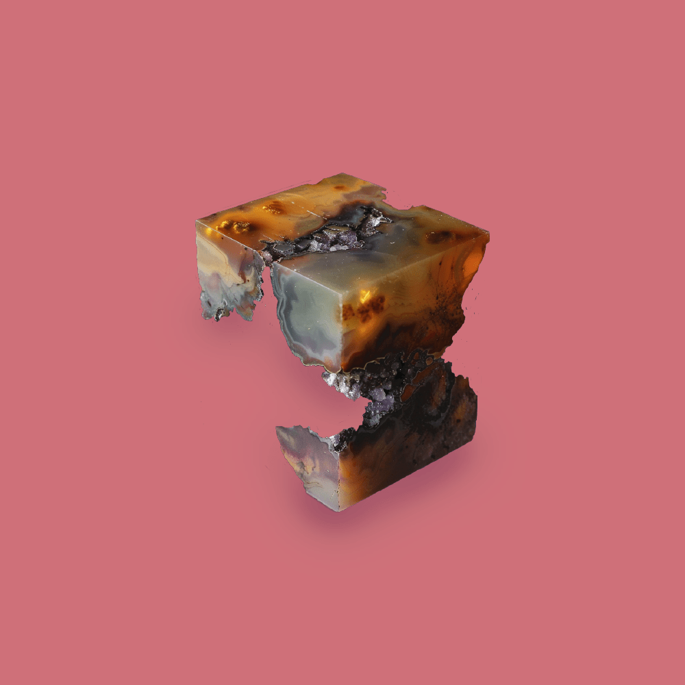 Fragmented resin cube split mid-air, with geologic striations and molten interior veins, suspended against a red background. Suggests disappearance, memory, and physical trace.