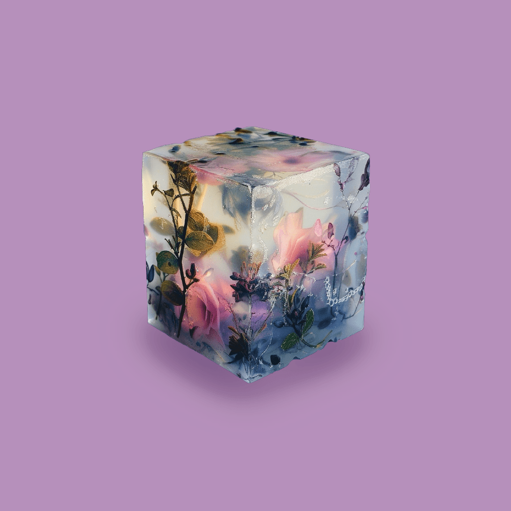 A translucent cube infused with desaturated pink roses, cool-toned brambles, and scattered ash-like threads, set against a violet background as a visual representation of the scent of Chronotope Perfume Spite EdT. Evokes a cold, indifferent, anti-romantic rose washed in violet leaf, ash, and fog.