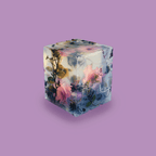 A translucent cube infused with desaturated pink roses, cool-toned brambles, and scattered ash-like threads, set against a violet background as a visual representation of the scent of Chronotope Perfume Spite EdT. Evokes a cold, indifferent, anti-romantic rose washed in violet leaf, ash, and fog.
